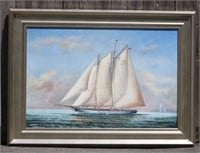 Oil on canvas of a schooner yacht