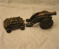 Vintage Hand Carved Cannon With Pull Cart