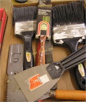 Painters Box Lot: Brushes Putty Knives Razor