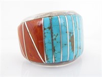 Silver Turquoise and Coral Cuff Bracelet