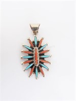 Zuni Turquoise and Coral Needlepoint Pendant