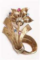 14K Gold, Sapphire, Ruby, & Diamond Floral Brooch