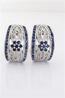14K White Gold Diamond, Sapphire Huggie Earrings