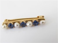 14K Yellow Gold Pearl and Sapphire Bar Pin