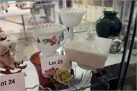 Case 1: (3) Pieces Milk Glass & Flower -