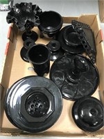 Two boxes of black glass, includes: vases, candles