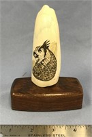Scrimshawed whale's tooth signed by artist, 4.5" t