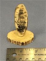 Scrimshawed fossilized walrus tooth 3" mounted on