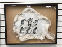 Shadowbox that has a pen and ink drawing done on a