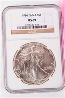 Coin 1986 Silver Eagle Certified MS69 NGC