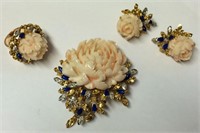 18k Gold, Diamond, Coral, Blue Lapis Jewelry Suite