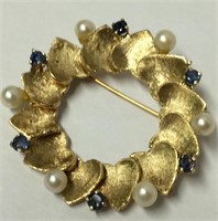 14k Gold Pin With Pearls And Blue Stones