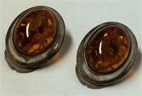 Sterling Silver And Amber Clip Earrings