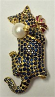 18k Gold, Sapphire & Ruby Cat Pin With Pearl