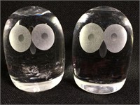 Pair Of Art Glass Owls, Cut Design