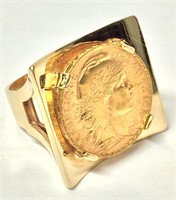 1909 20 Francs Gold Coin In 14k Gold Mount Ring