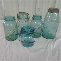 5 blue glass caning jars