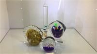 4 PC - GLASS THERMOMETER, GLASS PAPERWEIGHTS