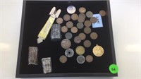 NAZI WWII COINS, BOX CUTTER & MEDAL
