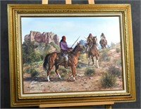 Oil on Board Three Native Americans on Horseback