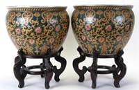 Pair of Oriental Porcelain Fish Bowls with Stands