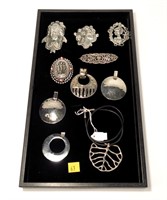 Lot, silver costume pins, pendants and necklace