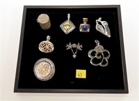 Lot sterling silver pendants, pin and pill box