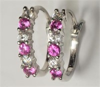 Silver Pink Created Sapphire Crystal Hoop Earrings