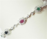 Str Silver Ruby, Sapphire & Emerald Halo Bracelet