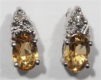 Sterling Silver Citrine and 3 Diamond Earrings.