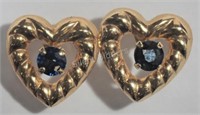 10K Yellow Gold Sapphire Heart Earrings.