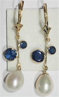 10K Yellow Gold, Pearl & Sapphire Earrings