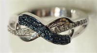 Sterling Silver White Diamond & Blue Diamond Ring