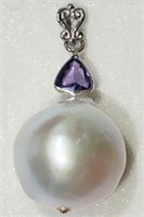 14K White Gold Pearl and Purple Sapphire Pendant