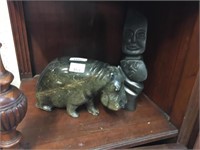 STONE HIPPO, LADY & CHILDS STATUE