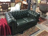 2 SEATER GREEN LEATHER BUTTON BACK