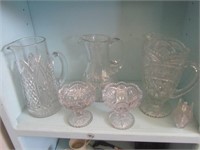 Shelf Lot of Crystal Pitchers & Pressed Glass