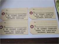 4 Unused L.W. Gunby Co. Salisbury, Md. Mail Tags