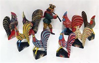 Wood Carved Colorful Roosters & Man
