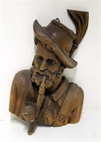 Wood Carved Man with Pipe Wall Plaque