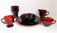 Ruby Red Glassware includes Cups, Plates,