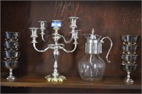 Silver Plated Candelabra, Drinking Cups and Carafe