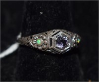 Sterling Silver Ring w/ Purple Stone & Opals