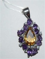 Sterling Silver Necklace w/ Citrine and Amethyst