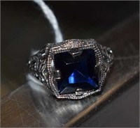 Sterling Silver Filigree Ring w/ Blue Stone Sz 7