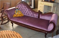 Velvet Upholstered Chaise Lounge w/ Carved Detail