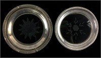 (2) Etched Glass Sterling Rim Coasters
