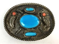 Sterling Silver, Turquoise, Coral Belt Buckle