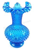 Fenton Hobnail Ruffled Ribbon Rim Blue Glass Vase