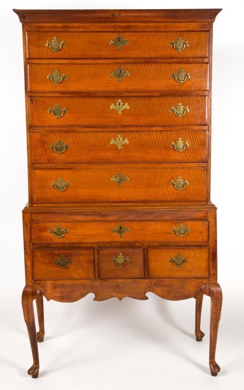 New England, possibly New Hampshire, figured tiger maple highboy (c.1770)